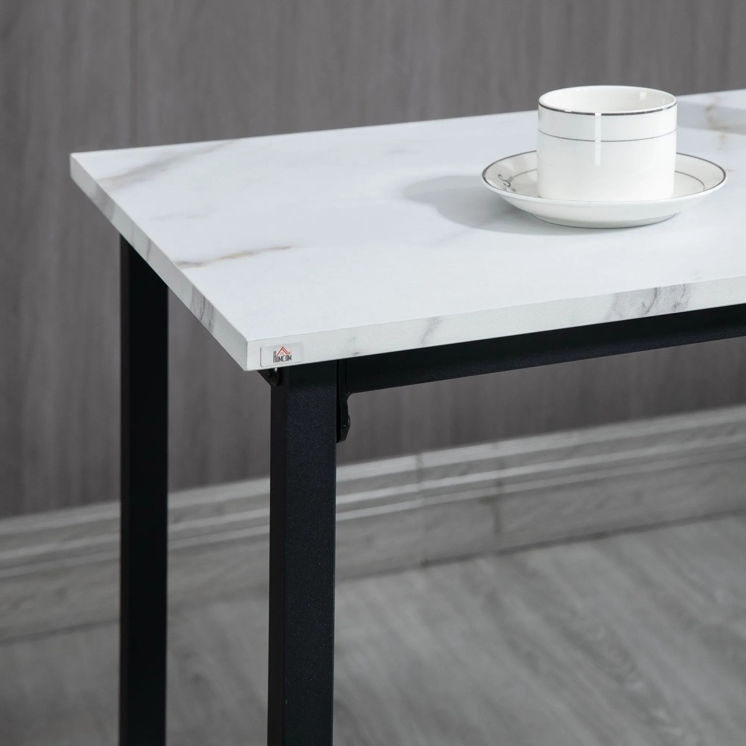 HOMCOM Bartisch: weiße Platte in Marmoroptik, schwarze Stahlbeine. Modernes Bartisch-Set für 2 Personen.