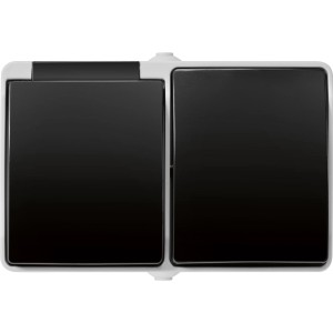 Aufputz Feuchtraum Schalter und Steckdose in Grau-Schwarz aus Kunststoff.