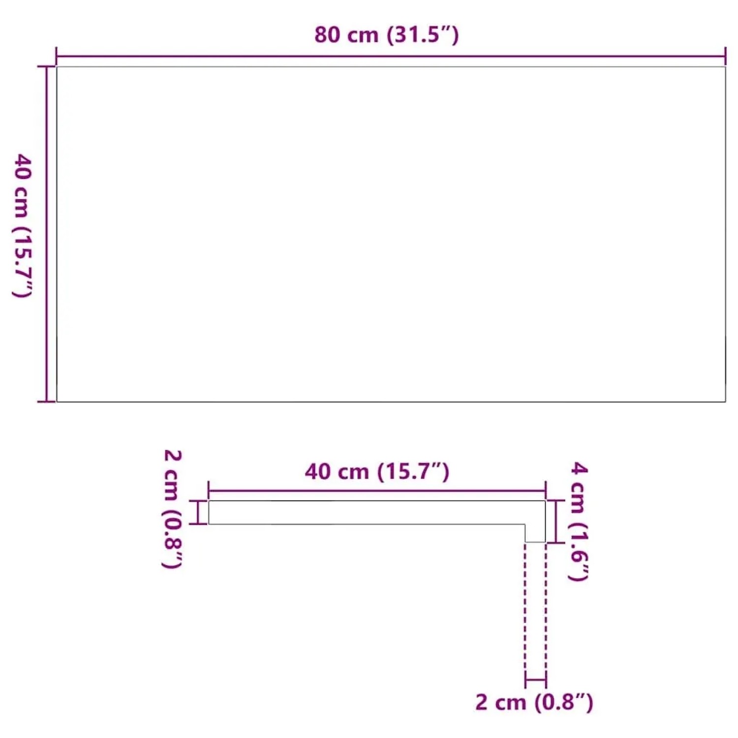Maßzeichnung der vidaXL Fensterbank. Draufsicht 80x40 cm, Seitenansicht mit 2 cm Stärke und 4 cm Kante.