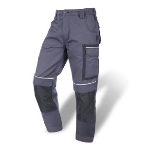 Graue Eliworx Bundhose Workwear mit Stifttasche, Werkzeugtaschen, Knieverstärkung und Reflexstreifen.