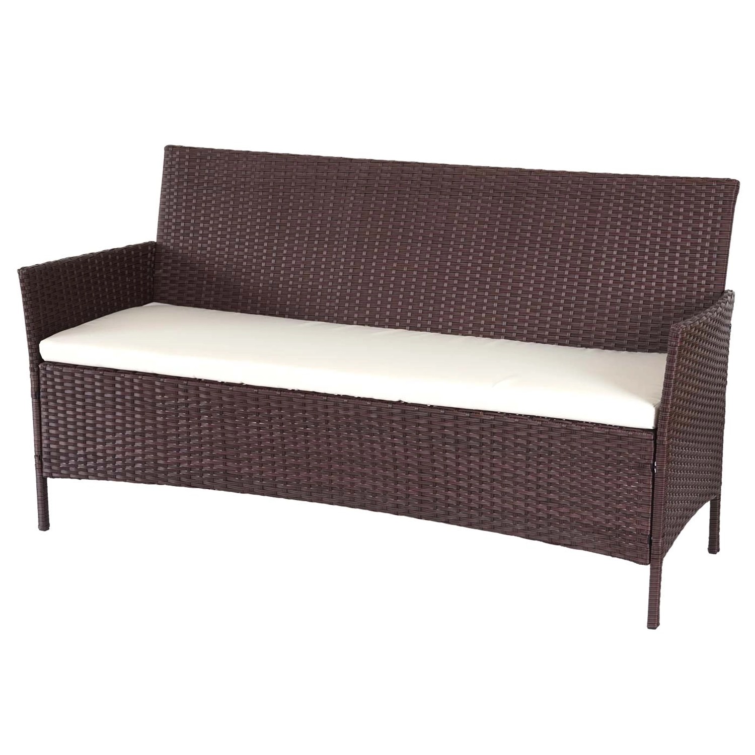 Braune Poly-Rattan Gartenbank Hamar mit creme-farbenem Kissen. Teil der Lounge-Garnitur.