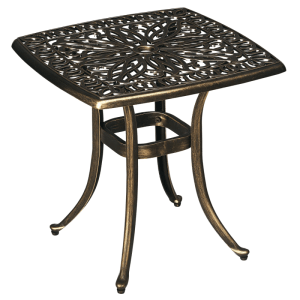 Quadratischer Garten Beistelltisch aus Bronze Aluminiumguss mit Vintage-Muster und Schirmöffnung.