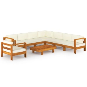 9-tlg. Garten Lounge Set aus Akazienholz mit creme-weißen Auflagen.