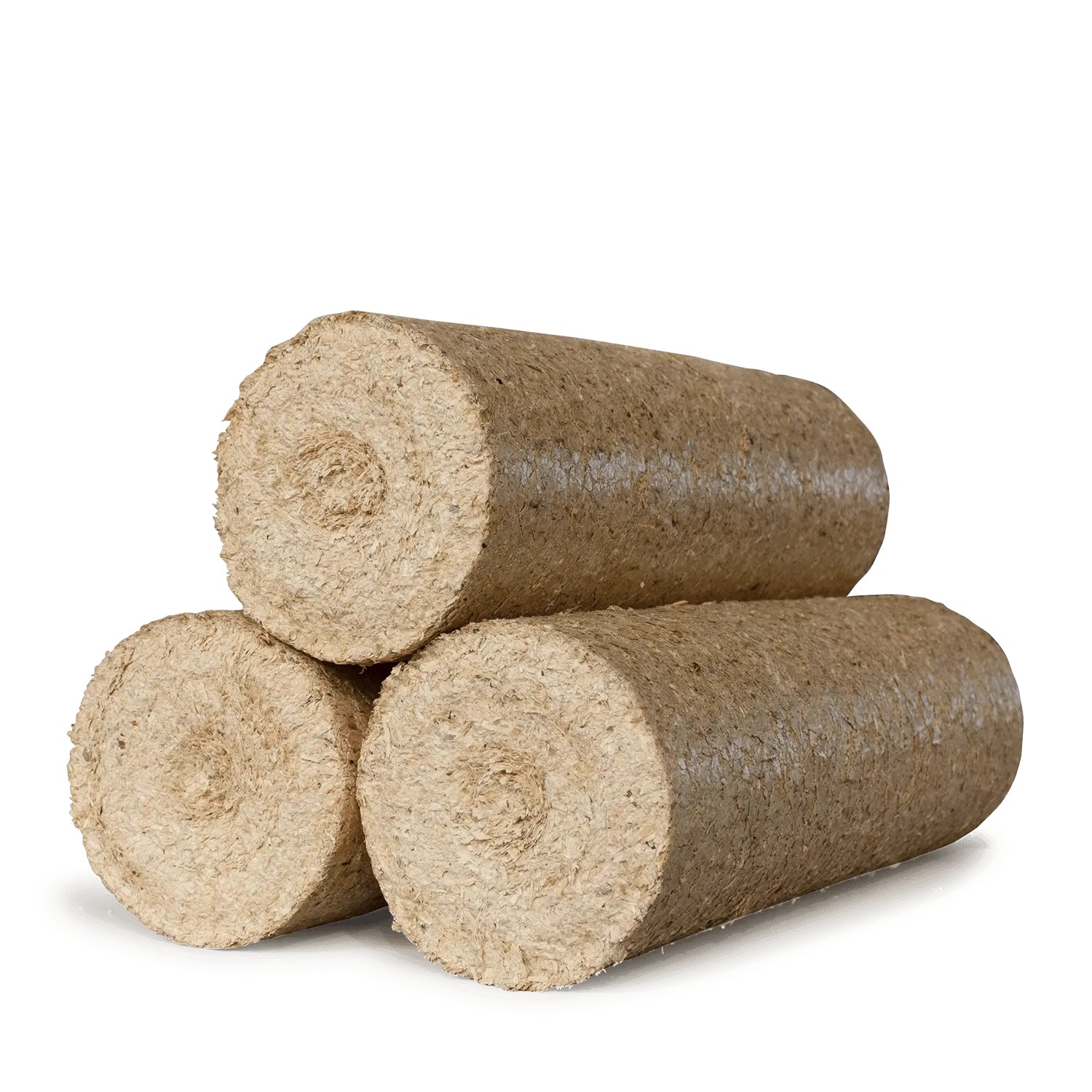 Drei hellbraune Nestro XL Blue Holzbriketts aus Nadelholz, zylindrisch gestapelt, für effizientes Heizen.