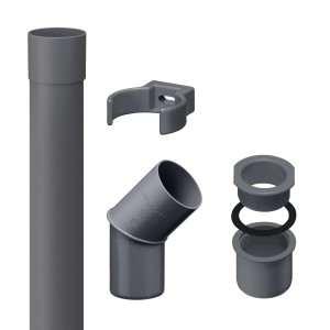 Inefa Fallrohr Set, 2m DN 50, Anthrazit: Fallrohr, Rohrschelle, Bogen und Ablaufstutzen für Dachentwässerung.