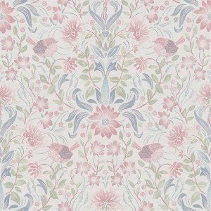 Bunte Vliestapete im Landhausstil mit Blumen und Vögeln für Wohnzimmer.