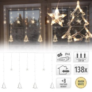 LED Fenster Lichtervorhang mit Sternen und Tannenbäumen, warmweiß, 220cm, Weihnachtsdekoration.