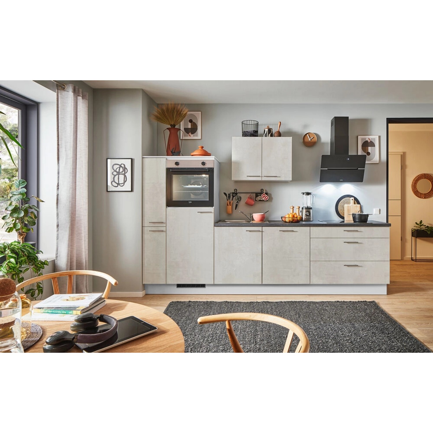 pino Küchenzeile 280 cm Beton Weißgrau Anschlag,inks 1 Geräte-. 1 Seitenschrank