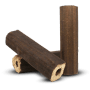 Drei dunkelbraune Heizfuxx Pinikay Octagon Holzbriketts aus Hartholz mit Zugloch für Kaminöfen.