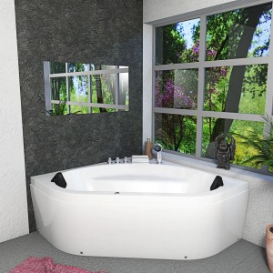 AcquaVapore Eck-Whirlpool W20-TH 140x140 mit Farblicht im Badezimmer.