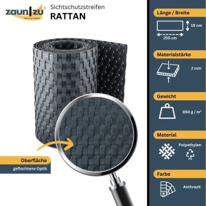 zaunzu Sichtschutz Rattan Streifen, anthrazit, 2,55m für Doppelstabmattenzaun.