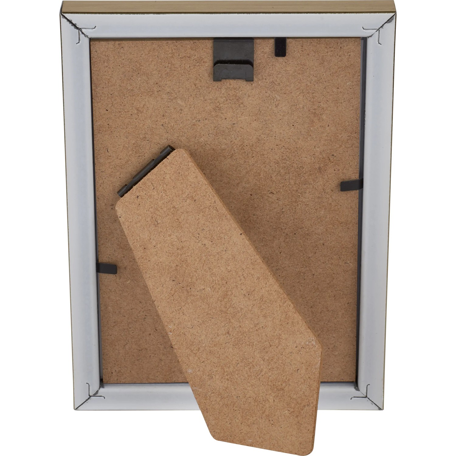 Rückansicht: Goldener Kunststoff Bilderrahmen 10x15 cm mit Aufsteller.