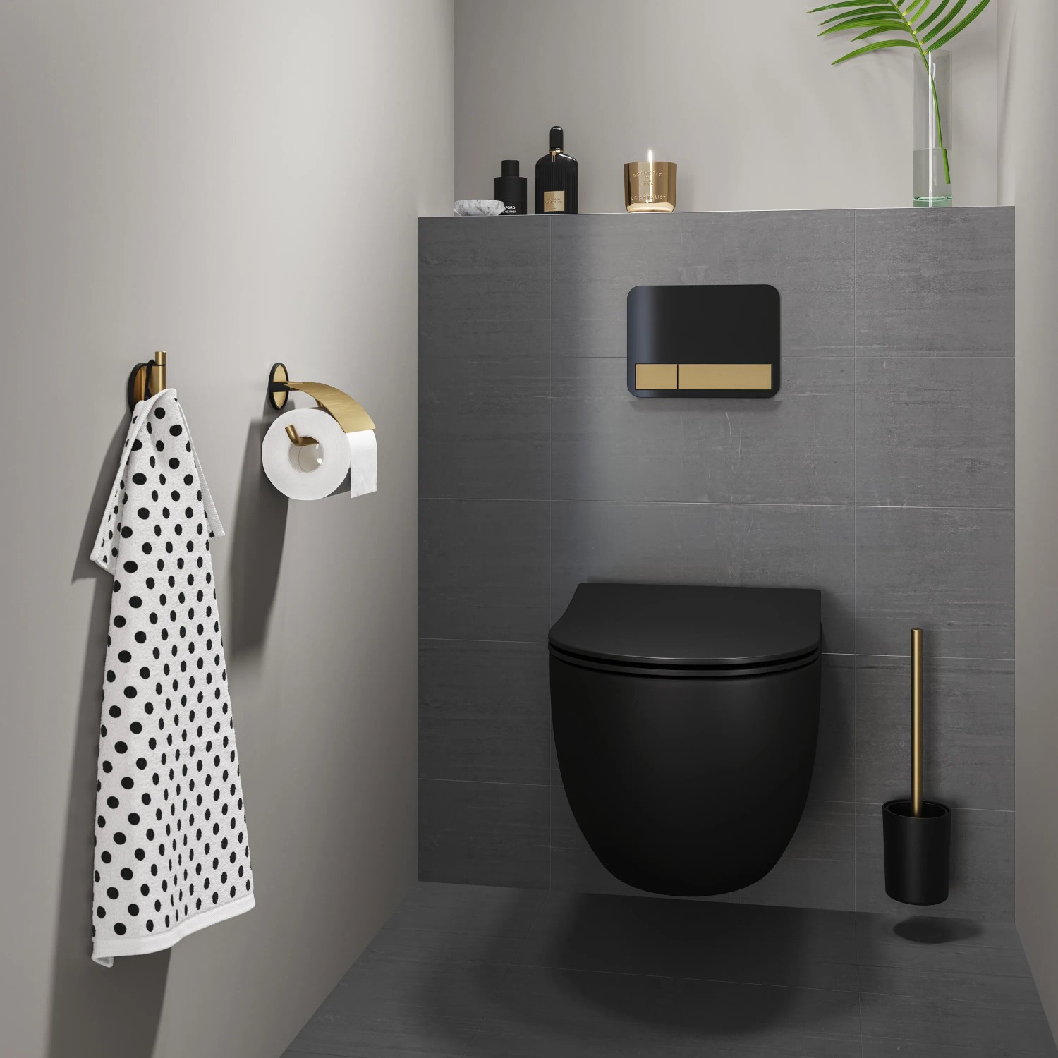Tiger Tune WC-Bürste mit Halter, Messing gebürstet/Schwarz, im modernen Badezimmer.