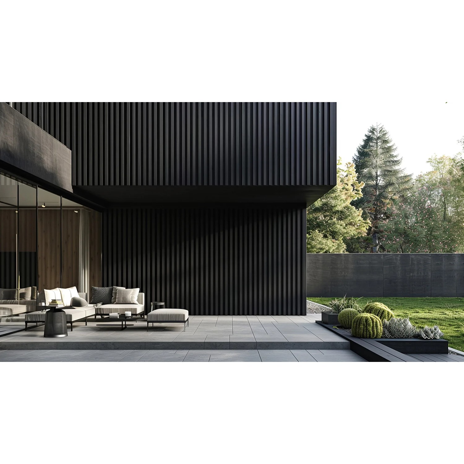 Moderne Hausfassade mit anthrazitfarbener WPC Fassadenverkleidung DUVAR. Holzoptik für den Außenbereich.