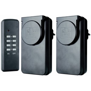 Flamingo Funkschalter für Außen, schwarz, mit Fernbedienung und 3 Steckdosen.