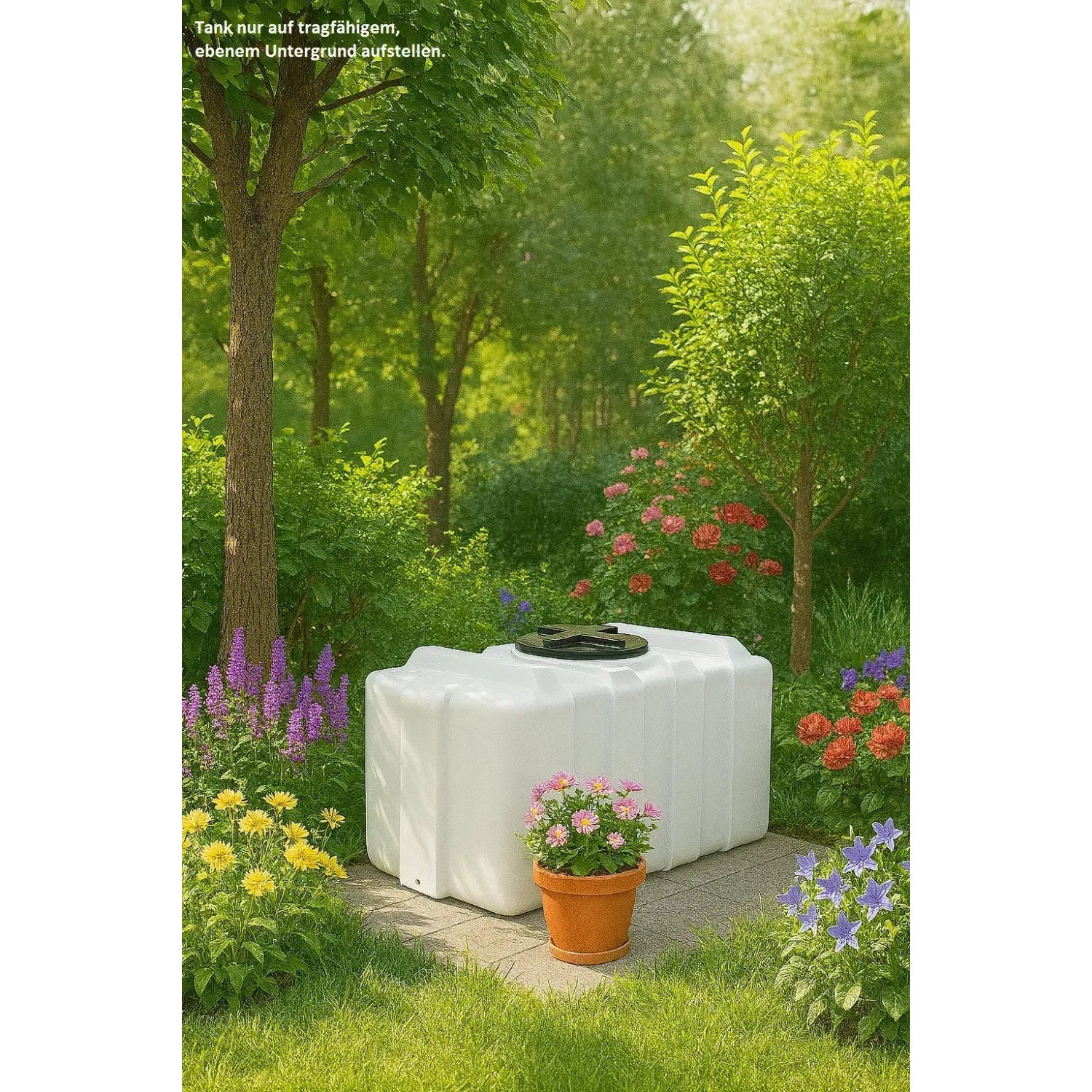 Weißer, rechteckiger KMND 300L Trinkwasser Wassertank im Garten auf gepflastertem Untergrund, umgeben von Blumen und Bäumen.