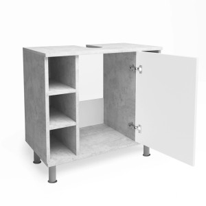 Vicco Waschbeckenunterschrank Fynn in Beton/Weiß, 60x54 cm, mit Tür und offenen Regalen.