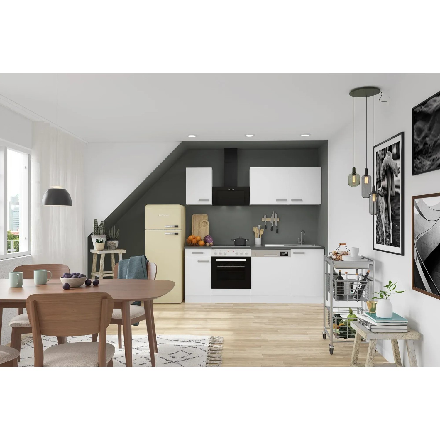 Weiße OPTIFIT Oslo214 Küchenzeile (210 cm) mit Einbaugeräten und Esstisch im modernen Küchendesign.