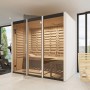 Weka Infrarotkabine Osby 2 mit wekaTherm-Flächenstrahler und Glastür in modernem Fitnessraum.