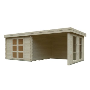 Unbehandeltes Kiehn-Holz Gartenhaus KH 44-013, 600x300 cm, mit Doppeltür und Fensterfront.