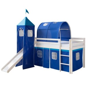 Weißes Kinderhochbett 90x200 mit blauer Rutsche, Tunnel, Turm und Vorhang. Ideal für Abenteuerbetten.