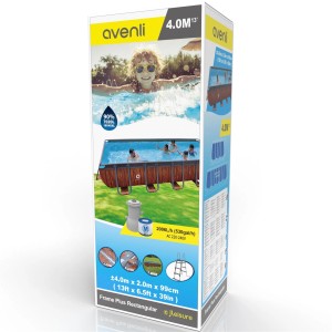 Verpackung Avenli Frame Stahlrahmenpool Set 400x200x100cm, braune Holzoptik, mit Zubehör.