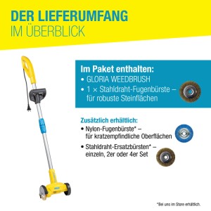 Gloria WeedBrush Elektro-Fugenbürste mit Stahlbürste und Zubehör im Überblick.