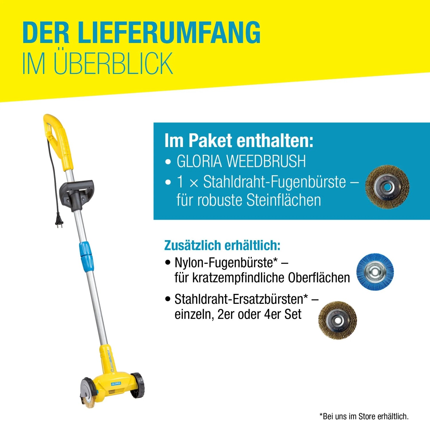 Gloria WeedBrush Elektro-Fugenbürste mit Stahlbürste und Zubehör im Überblick.