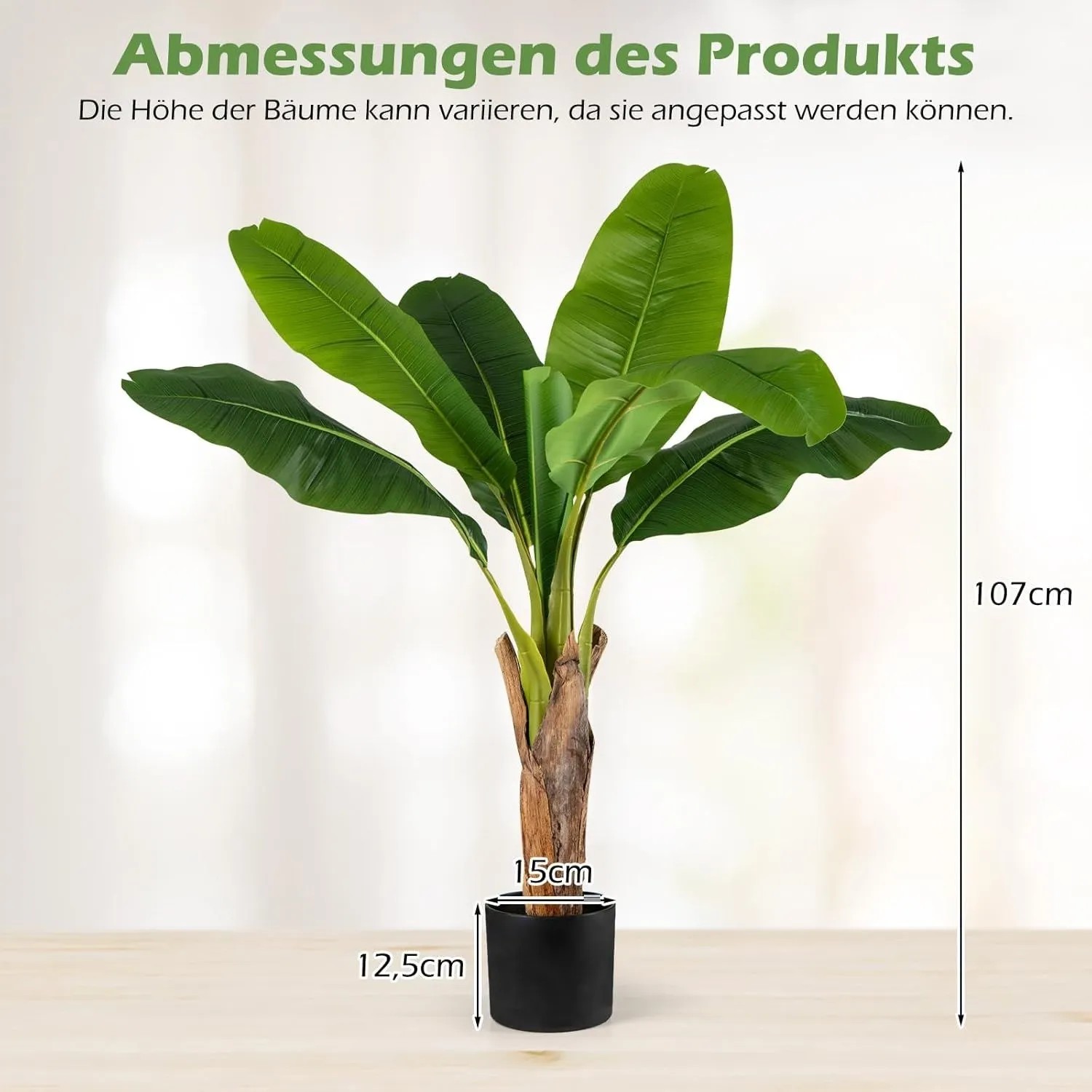 Grüne Kunstpflanze Bananenbaum, 107 cm hoch, mit realistischen Blättern in schwarzem Topf. Ideal für tropisches Flair.