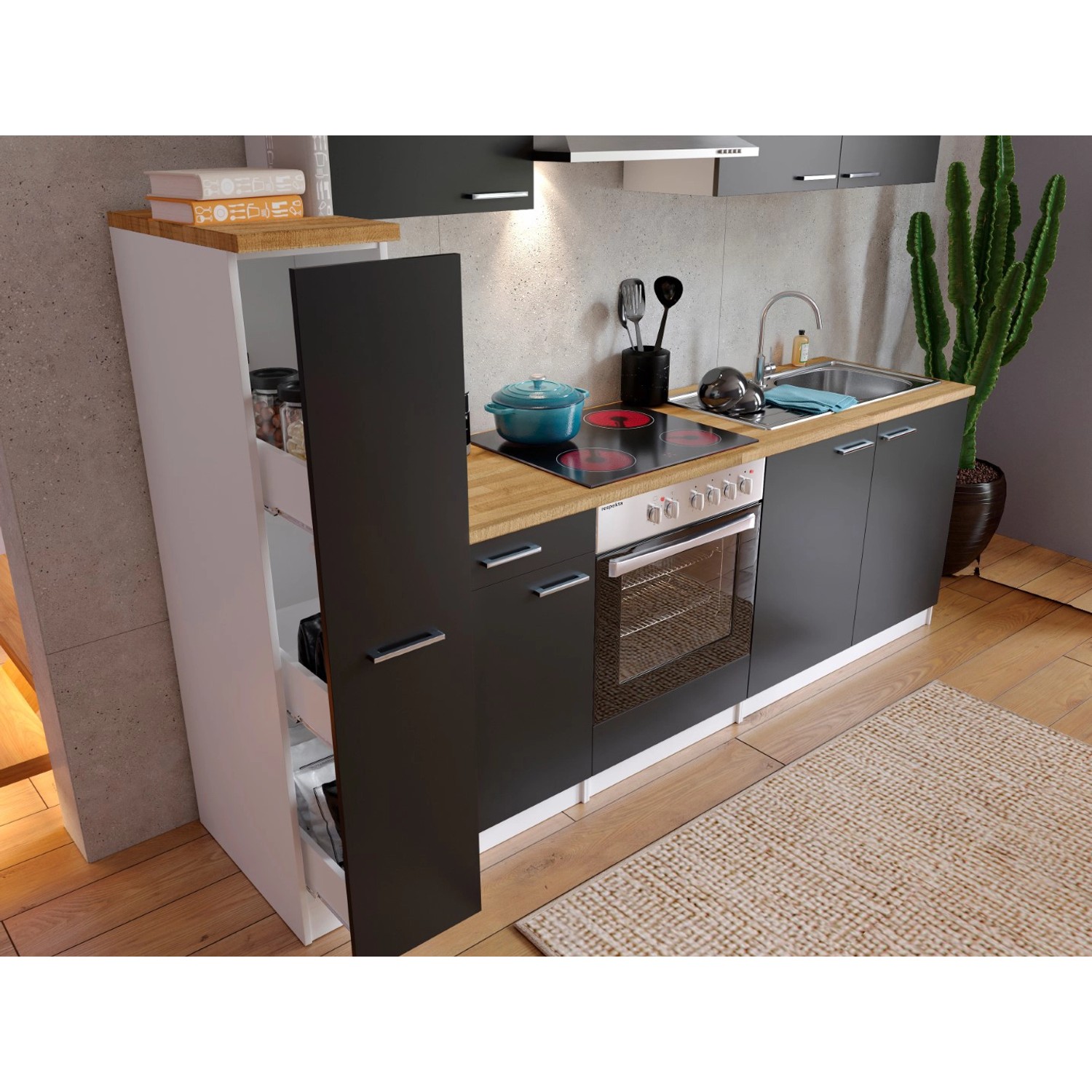 Respekta Küchenzeile KB240WSC, 240 cm, Schwarz-Weiß mit Apothekerschrank und E-Geräten.