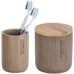Wenko Bad-Accessoire-Set Palo, 2-teilig, Taupe: Zahnputzbecher mit Zahnbürsten und Dose mit Bambusdeckel.