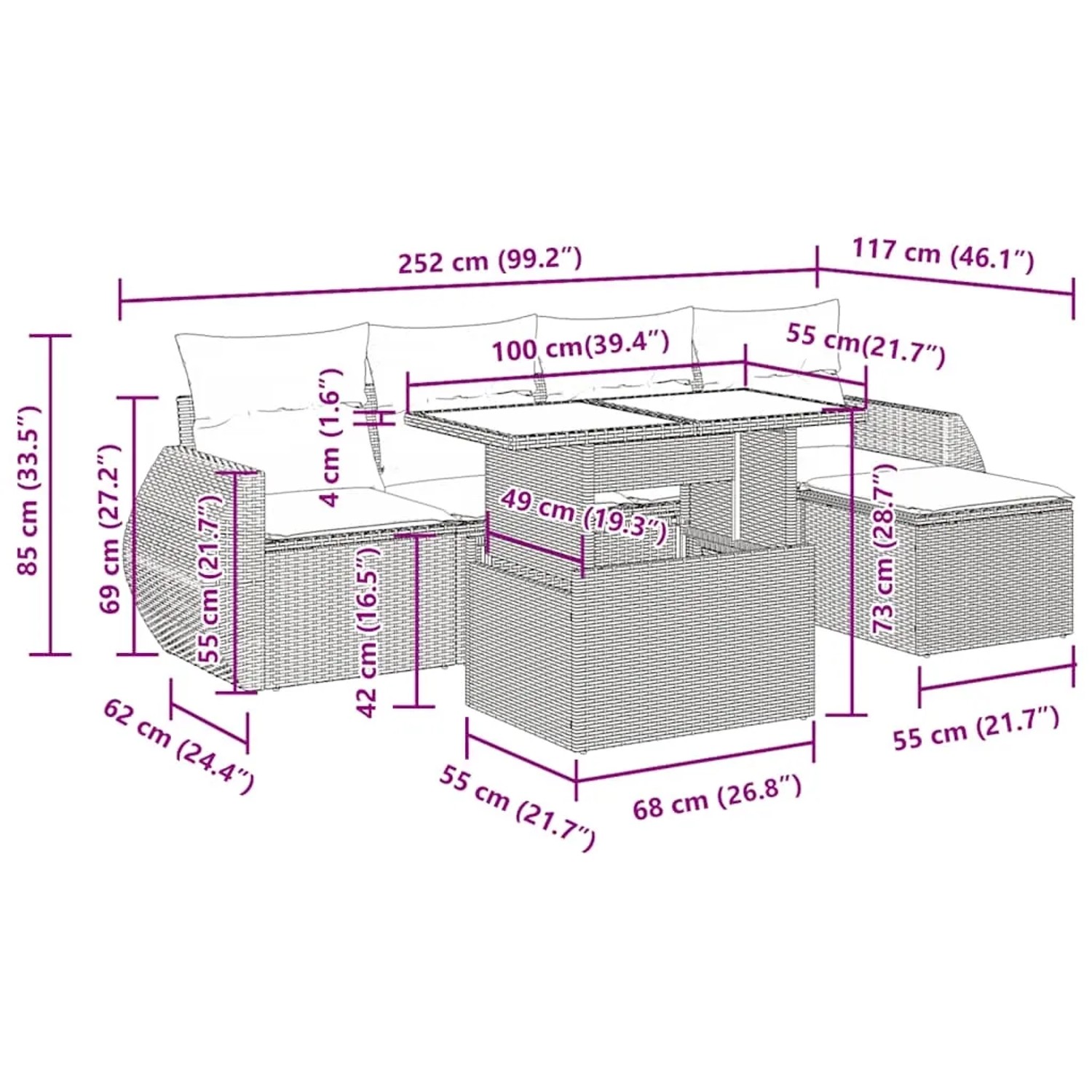 vidaXL 6-tlg. Garten-Sofagarnitur Grau Poly Rattan mit Maßen für Planung.