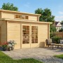 Carlsson Gartenhaus Lausitz mit Pultdach, unbehandelt, 400x440 cm, mit Doppeltür und Oberfenster.