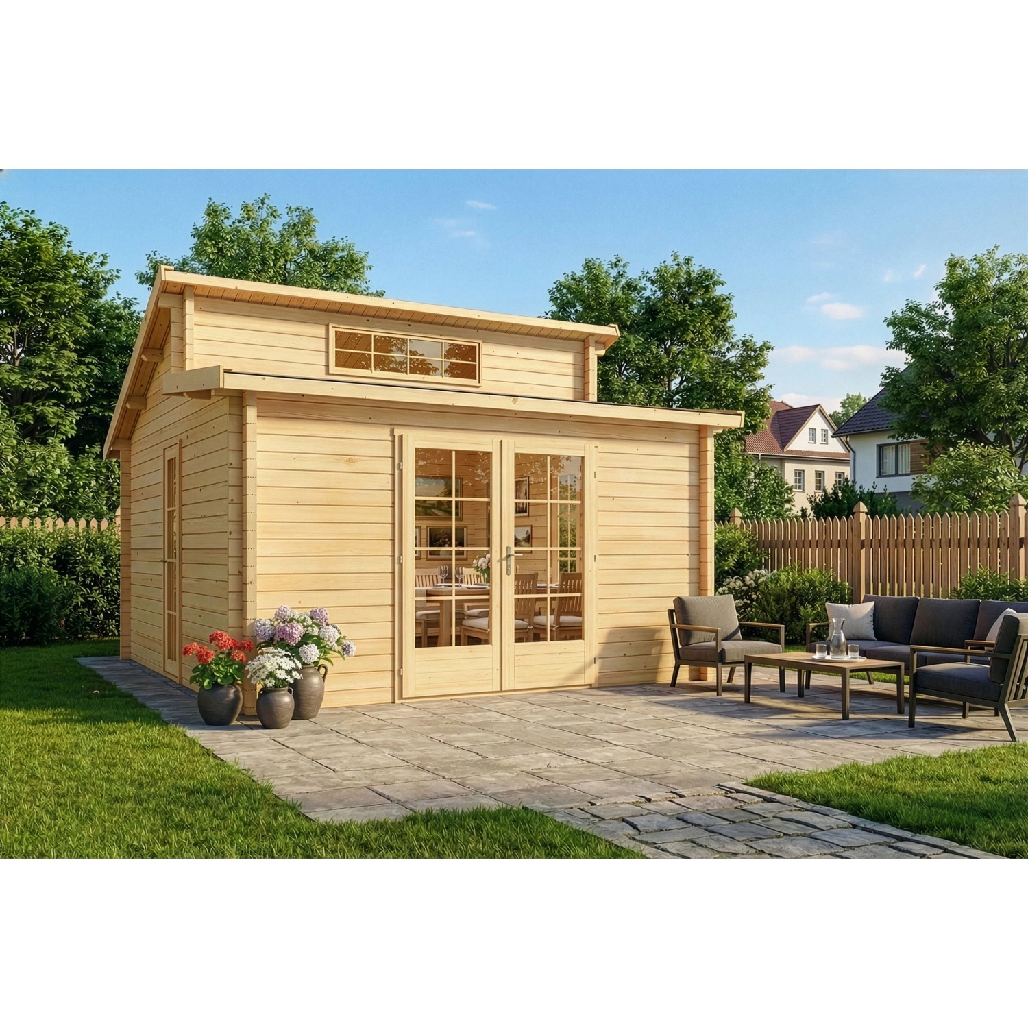 Carlsson Gartenhaus Lausitz mit Pultdach, unbehandelt, 400x440 cm, mit Doppeltür und Oberfenster.