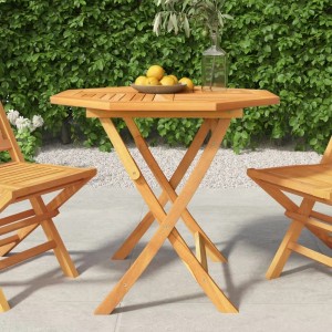 Klappbarer Gartentisch aus Teakholz, 85x85 cm, mit Obstschale und zwei Stühlen im Garten.