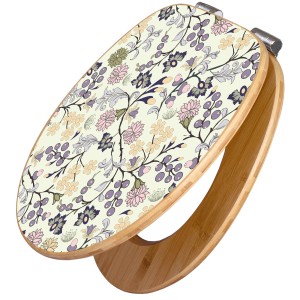 Banjado WC-Sitz aus Bambus mit floralem Tapetenmuster und Absenkautomatik.