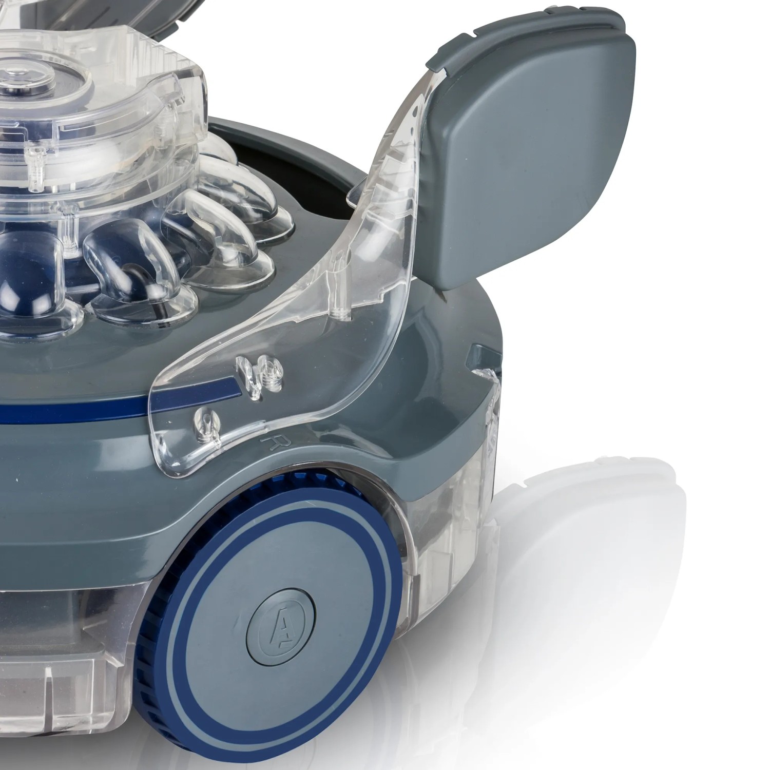 Grauer Gre Akku-Poolroboter mit transparenten Details und blauen Akzenten.