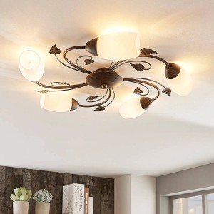 Braune Lindby Deckenleuchte Stefania im Retro-Stil mit fünf Leuchten und floralem Design.