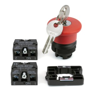 Sintron Not-Aus Schalter mit Schlüssel, roter Knopf, 2 Schließerkontakte und Zubehör.