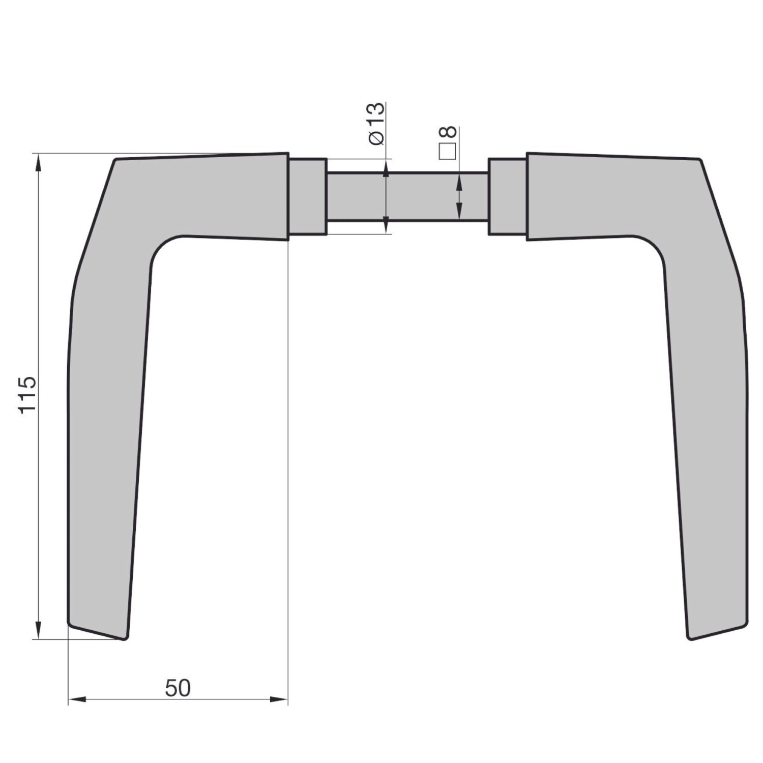 Basi Drücker-Griffpaar S-Form Alu F2, Schema mit Maßen für Türblattstärke 38-45mm.