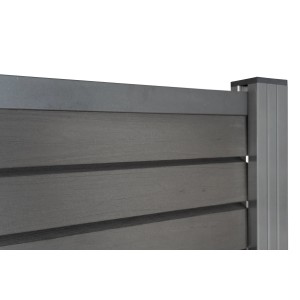 GartenLand Rhombus WPC Zaun Set Kopenhagen, schiefergrau mit Holzstruktur und anthrazitfarbenem Aluminium.