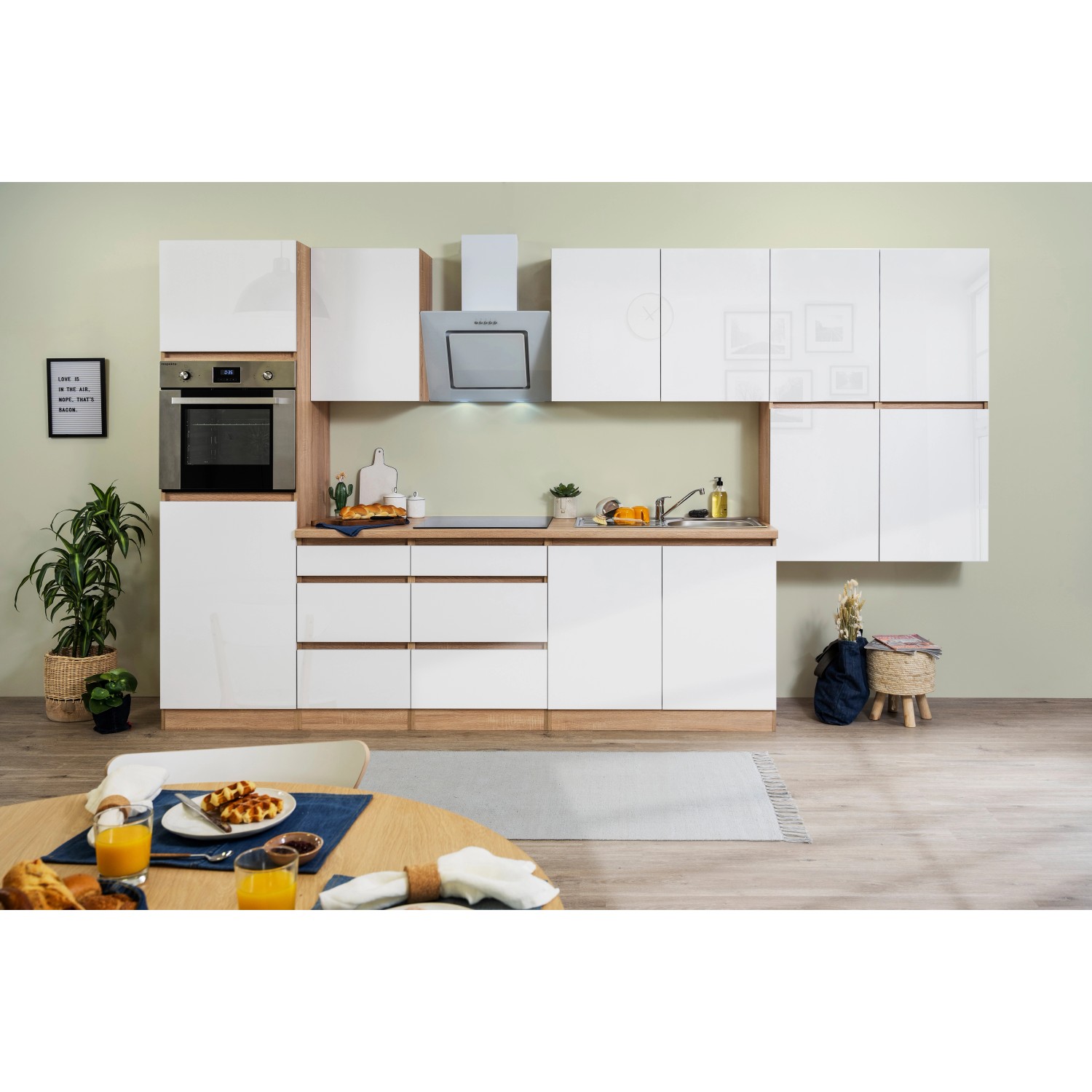 Respekta Küchenzeile/Küchenblock GLRP370HESW Grifflos 370 cm Weiß Hochglanz-Sonoma Eiche