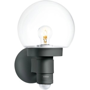 Steinel Außenwandleuchte L 115 S Anthrazit mit Bewegungsmelder und Kugelglas.