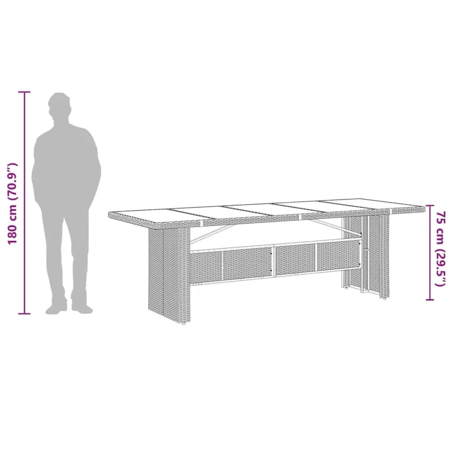 vidaXL Garten-Esstisch: Schwarzer Poly Rattan Tisch mit Glasplatte, Maße und Größenangaben.