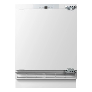 Weißer PKM Unterbau-Kühlschrank KS133UBE mit LED-Display und Lüftungsgitter.