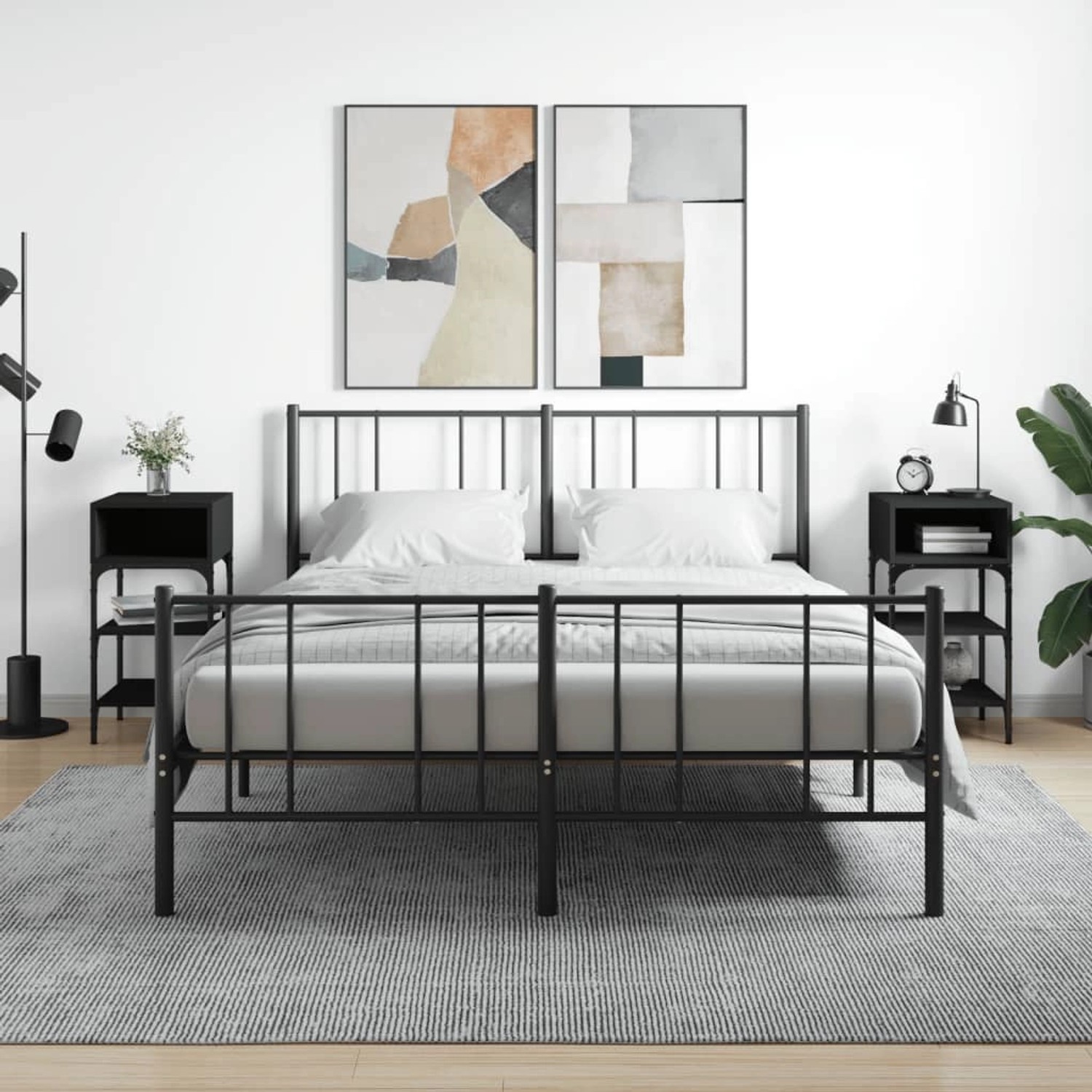 Zwei schwarze Nachttische vidaXL aus Holzwerkstoff, 35x34,5x70 cm, neben einem Bett.