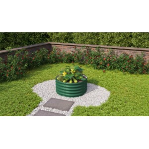 Rundes, grünes Vitavia Hochbeet Vita 401 aus Metall mit Schneckenschutz im Garten.