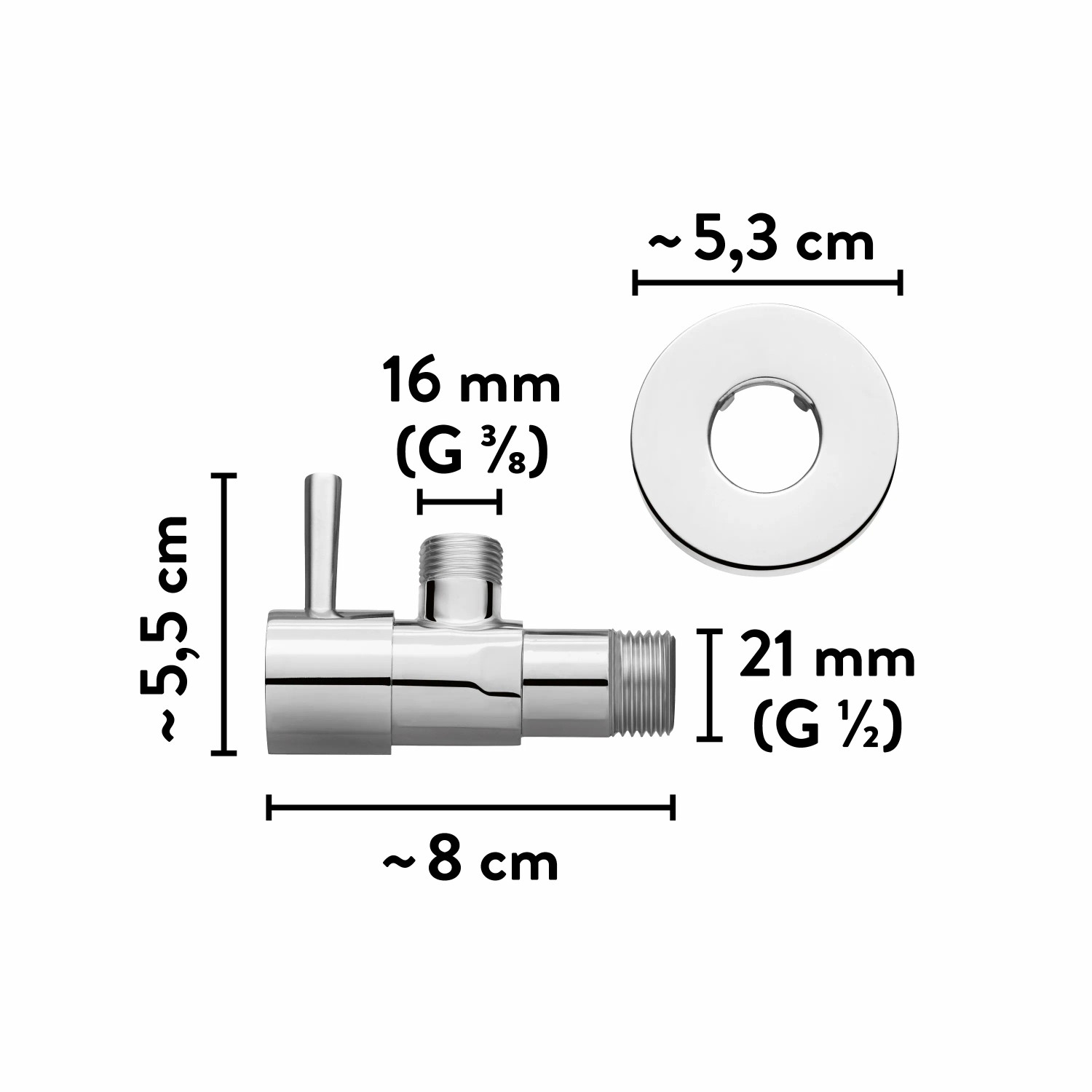 Detailaufnahme Eckventil für baliv Handwaschbecken-Set, Maße und Anschlüsse dargestellt.