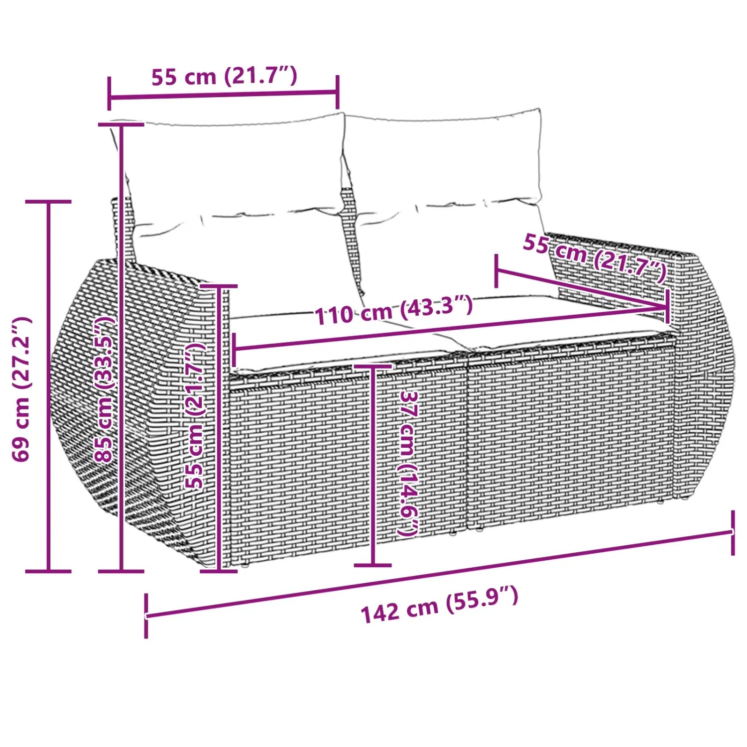 vidaXL Garten-Sofa-Set, 10-teilig, grau, Poly Rattan, mit Maßangaben.