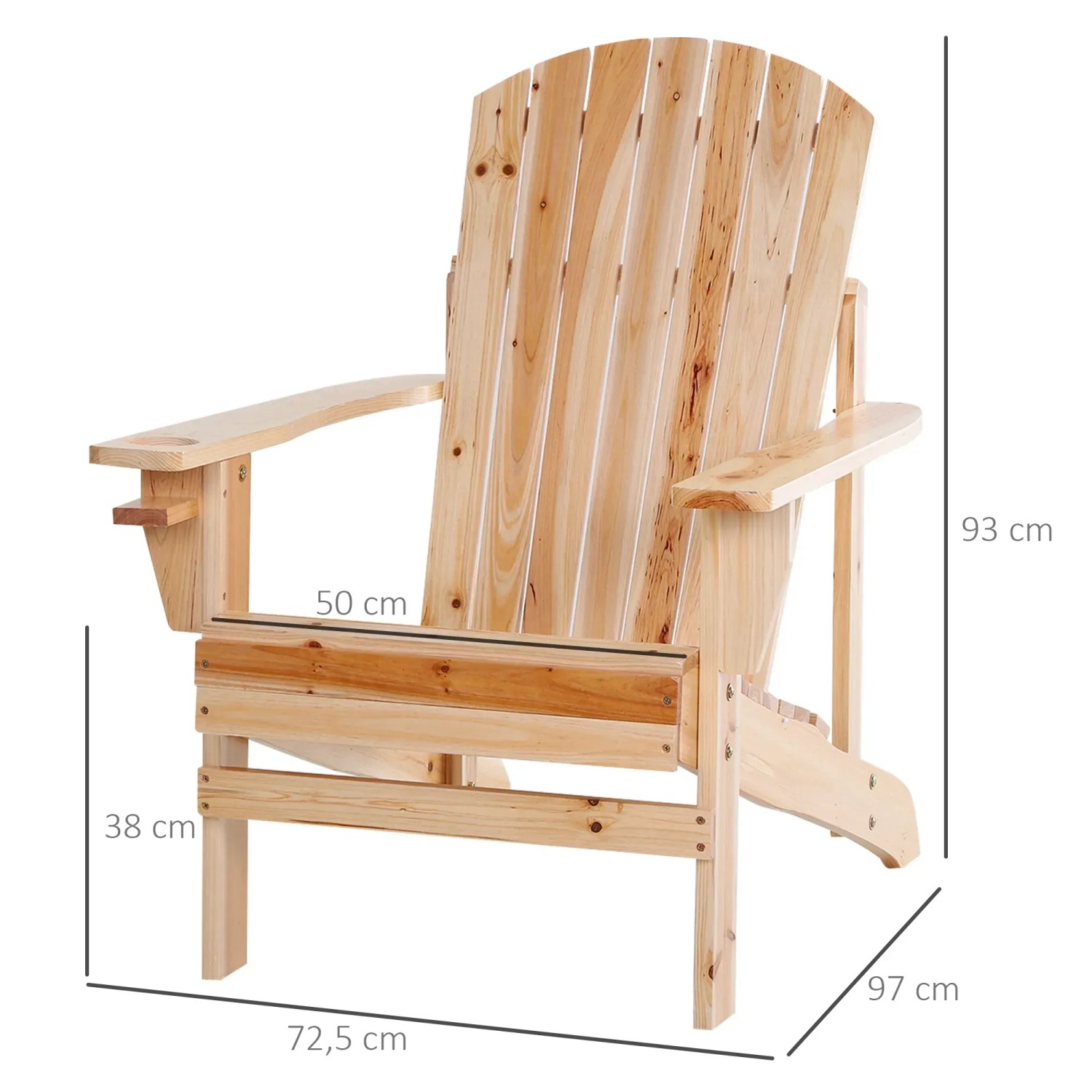 Outsunny Gartenstuhl aus Tannenholz, Adirondack-Stil, mit breiten Armlehnen und Getränkehalter.